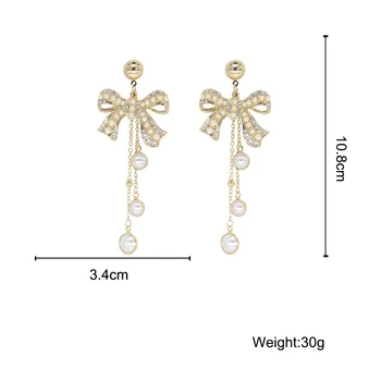 Lifefontier Elegantne biserne naušnice s lukom i lukom za žene, Korejski zlatni metalni lanac, Duge naušnice s кисточками, Modni nakit