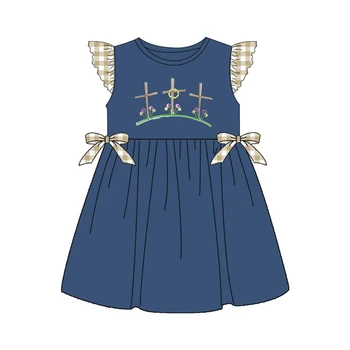 Ljetna odjeća za djevojčice Tamno plava bez rukava Smeđa kockice luk Uskrs uzorak s vezom tri križeva Haljina za djevojčice