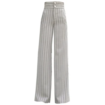 Ljetne Nove visoke ženske hlače s direktnim штанинами Plus Veličina, izdužena, pamuk, platno fancy hlače u okomitu traku s visokim strukom