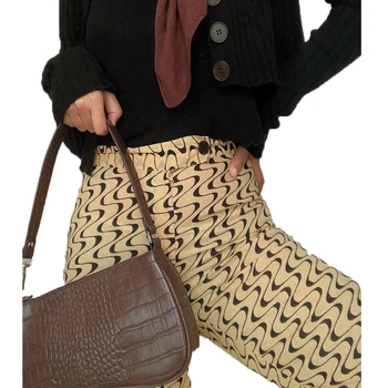 Ljetne ženske Modne Svakodnevne hlače slobodnog rez za odrasle osobe s ekranom u boji blok s волнообразным po cijeloj površini Hlače s visokim strukom Kaki S/M/L