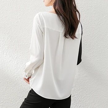 LJSXLS Ženska majica s pripadajućim kontrastu sa kosim ovratnik Bluze Femme Majice s dugim rukavima od bijela šifon Blusas Y Camisas Proljeće i Jesen 2021