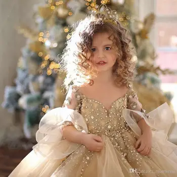 Loptu haljina boje šampanjca Haljine za djevojčice s cvjetnim uzorkom za vjenčanja s dugim rukavima Kristal haljina za malu djecu i za malu djecu