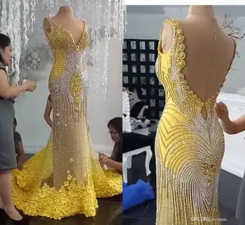 Luksuzni maturalne haljine Sirena s V-izrez i otvorenim leđima, čipkan večernja haljina s 3D cvjetnog aplikacija zrna