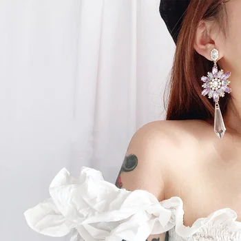 MENGJIQIAO Novi Korejski Ljubičasti Cvijet Kristal Kapi Vode Viseće Naušnice Za žene Luksuzni Pretjerana Modni nakit Pendientes
