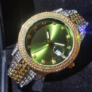 MISSFOX Mens Smaragdno-Zeleni Dijamant Okrugli Ručni Sat Muška Moda Luksuzni Nakit Satovi Zlato I Srebro Relógio Masculino