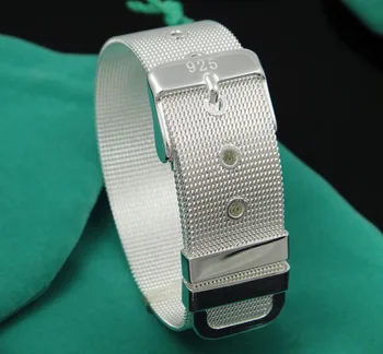 Narukvica nakit boje srebra S925, Remen iz mreže 10 mm, Narukvica, lanac od rešetke srebrne boje H006