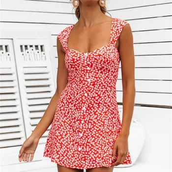 Nova ljetna haljina Boho Za žene s cvjetnim ispis Elastično seksi mini haljina Ženska odjeća s visokim strukom Plaža haljine