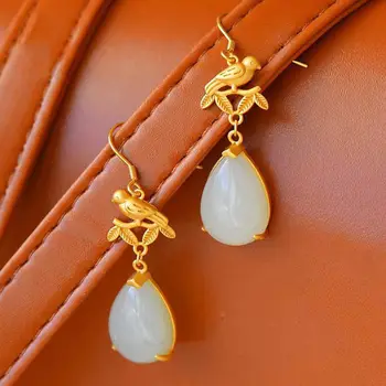 Nove srebrne naušnice-kapi od prirodnih хотана s bijelim халцедоном u kineskom stilu retro jedinstveni starinski zlatni obrt šarm ženski nakit