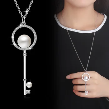Novi dolazak hot rasprodaja moda biseri crystal ključ 925 sterling srebra ženske ogrlice nakit džemper lanca