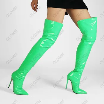 Olomm Trendy ženske zimske sjajne čizme iznad koljena potpetica s oštrim vrhom Zeleno-ljubičaste cipele Fuksija za noćnog kluba Veličine SAD 5-15