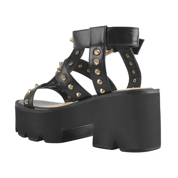 Onlymaker 2021 Trendi ljetne ženske sandale na platformu na masivnim petu cipele s kopčom na щиколотке Metalni rivet Mat crna Soft umjetna koža Velike veličine