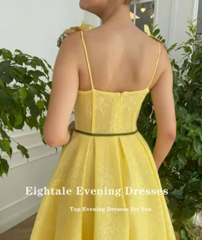 Osam Novih Žutih maturalne haljine Spagehtti s remenom Cvijeće trapeznog oblika s otvorenim leđima Čipkan večernja haljina po mjeri Večernjim konačni haljina