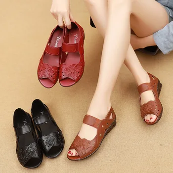 OUKAHUI Ljetne sandale od prave kože bez kopče Za žene 2021 Besplatna Dostava Udobne cipele na nisku petu s otvorenim vrhom na ravne cipele Ženske sandale