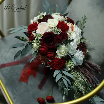 PEORCHID Tamnocrvena i Bijela Vjenčanje Бокет Falls Vjenčanje Buket Cvijeća Kaskada Umjetna Starinski svadbeni Buket Fleur De Mariage