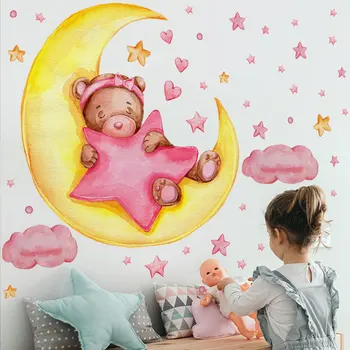 Pink Slatki Sleeping Bear Naljepnice Za Zid Oblaka Zvijezda Naljepnice Za Zidove Dječje Dječja Soba Uređenje Dnevni boravak Spavaća soba naljepnice