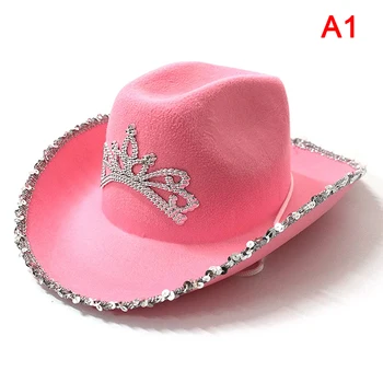 Pink tijara u zapadnom stilu Kaubojske šešire za žene, djevojčice, propale osjetio šešir s perjem, Plaža kauboj šešir sa šljokicama, Zapadna kapu za stranke