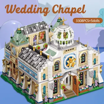 Pogled na grad s ulice Mini-Wedding Chapel Kuća Građevinskih Blokova Arhitektura Dvorca Figurice Cigle DIY Igračke za djecu Pokloni