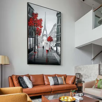 Pogled na Pariškog ulicu u crno-crvenoj boji ulje na platnu Urbani krajolik Tisak plakata, Zidnih Umjetnost Platnu za dnevni boravak Kućni Dekor