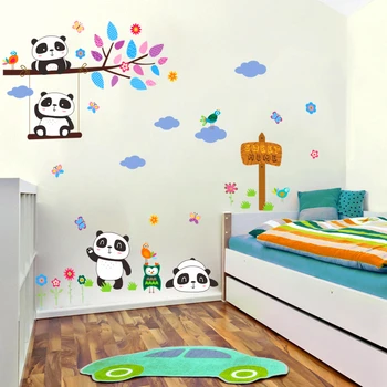Prekrasna šuma panda ptice grane stabla naljepnice za zid za dječje sobe dekor dječje sobe crtani životinje naljepnice za zid, PVC zidno slikarstvo