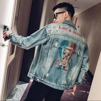 Prowow Moderan vanjski muška jakna sa izvezenim lubanje Dizajner u stilu punk Poderan traper jakna Muški kaput Rock, Hip-hop traper jakna