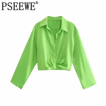 PSEEWE Ženska košulja Za Zeleni skraćene top Ženske nabora dugi rukav Ljetna bluza 2021 g. Elegantne bluze s рюшами Funky bijela košulja