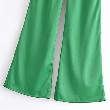 PUWD Berba ženske satin hlače s visokim strukom 2021 Jesen moda Ženske zelene hlače s tie na visokoj ulici za djevojčice Šik hlače