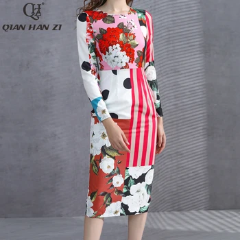 Qian Han Zi Novo ljeto moderan haljinu s dugim rukavima za žene u retro stilu s cvjetnim ispis elegantan, suptilan maksi haljina
