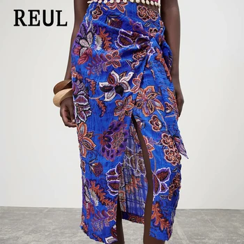 REUL Za 2021 Ženski luksuzni modni plava s vršnjacima Umotan po cijeloj površini Suknja Midi Vintage visokim strukom Asimetrične ženske suknje Faldas Mujer