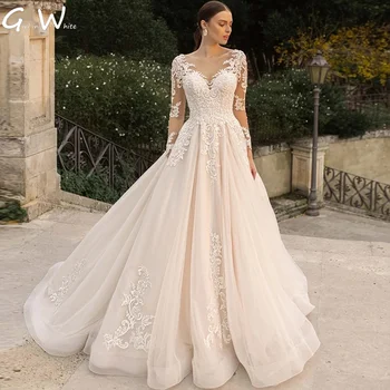 Romantične čipke, svadba haljina dugih rukava trapeznog oblika, petlja, Moderne haljine djeveruša, Iluzija, Vjenčanica, Vestidos De Novia