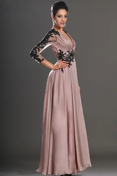 Roza večernje haljine trapeznog oblika s V-neck, 3/4 Rukavi šifona s perlicama Plus Veličina Duga večernja haljina Haljine za maturalne Robe De Soiree