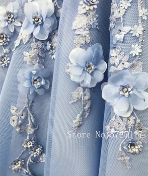 S otvorenim ramenima 3D Cvjetni oblog s kristalima Plava haljina za prom čipka-up straga Seksi večernje haljine abiti da cerimonia donna