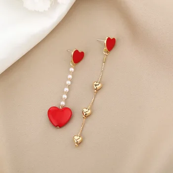 S925 Igla u korejskom stilu s dugom četkom, Malo Crveno srce, Asimetrični lanac, imitacija bisera, naušnice na крючках za žene, Svadbeni nakit