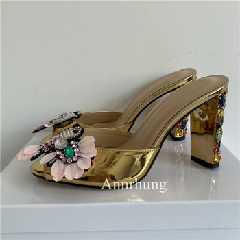 Seksi cipele, japanke sa štrasom i cvijećem-leptire, šarene Ljetne dijamant sandale na visoku petu cipele od lakirane kože, ženske sandale
