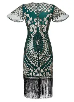 Seksi haljina kratkih rukava kraljevski vez resama Great Gatsby Večernjih haljina za žene 1920-Haljina sa šljokicama zrna kićankama rub haljina-хлопушка