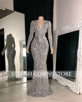 Sjajne srebrne haljine za maturalne s izrezima i šljokicama Večernja haljina s okruglog izreza i dugi Rukav Sirena Vestidos De Noche