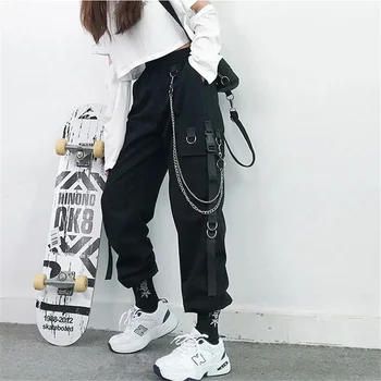 Strme ženske hlače-teretni 2021 ženske sportske hlače Modni punk-džepovi za jogging Hlače s lancem Harajuku Guma sa visokim strukom Vanjska odjeća