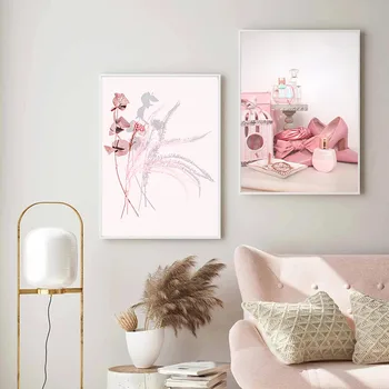 Suvremena Moda Pink Slatki Stil Krajolik Plakat Wall Art Print na platnu Cvjetni uzorak Slikarstvo Skandinavski Plakat Hostel Home Dekor