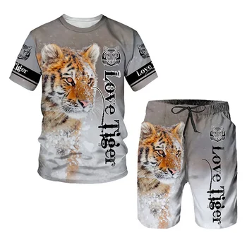 Tiger 3D Tiskani muška majica kratkih rukava + Kratke Hlače Sportska odjeća Sportska kostim Super Sport odijela Svakodnevne ljetne muške setove