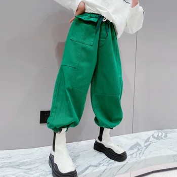 Tinejdžerske crno-zelene hlače-teretni za djevojčice, Pamuk svakodnevne duge hlače s džepovima na elastičan struk Hlače Dječje vanjska odjeća za djevojčice od 5. do 14. godina