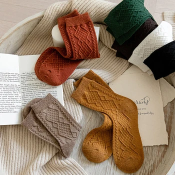 Toplo kašmir vuna ženske čarape Jesen Zima Puna boja Reljefni uzorak Duge čarape, univerzalni Klasični Retro ženske čarape za djevojčice