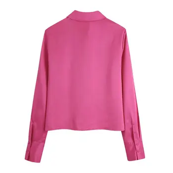 TRAF Za Pink satin košulja Ženska dugi rukav Elegantne Ženske bluze Jesen 2021 Modni skraćene top Ženska košulja na zakopčane s ovratnikom