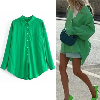 TRAF Za Zelena košulja Ženska Košulja na zakopčane velike veličine Ženska Svakodnevni bluzu dugih rukava Ljeto 2021 Funky dugačka košulja s рюшами Ženske
