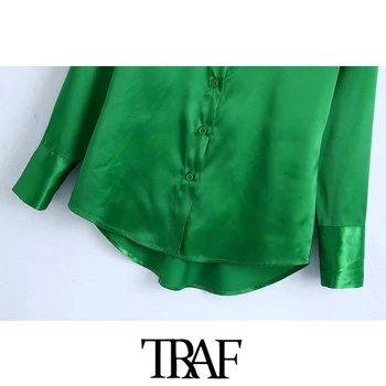 TRAF Ženska moda Soft Touch Asimetrične zelene bluze Berba ženske košulje na zakopčane dugi rukav Blusas Šik vrhovima