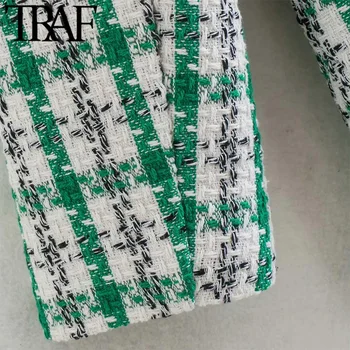 TRAF Ženska moda Tvida slobodan zelene kockice blazer Vintage Kaput s dugim rukavima rezanje za džepove Ženska gornja odjeća Šik Весте Femme