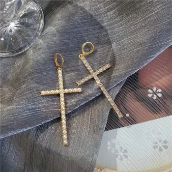 Trendi Naušnice Zlatne boje za žene Asimetrični Kristalno Zvono Križ Viseće naušnice-kapi 2021 Trend nakit Poklon za zabavu