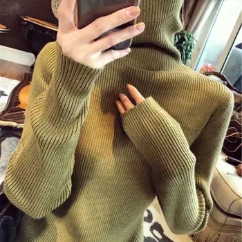 Trendi Novi ženski pulover s visokim воротом, Zimska odjeća i dugi rukav, облегающий pletene nih, однотонный ženski džemper