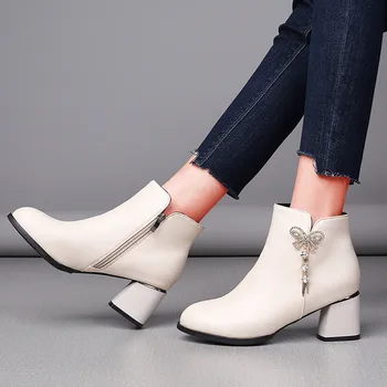 Trendy ženske čizme Cipele Plus size Prozračna masivni visoke štikle Klasicni Termalne dijamanata na munje Kratke čizme botas femininas