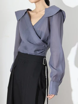 TWOTWINSTYLE Slobodna Casual košulja za žene s V-izrez i dugi rukav Ravnici минималистичные bluze Ženski Korejski modni Stil odijevanja Novi