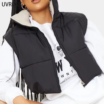 UVRCOS Ženski zimski kaput bez rukava Vest na zatvarač sa panelima Obostrane odjeća Boem Toplo vruće Ulične odjeća 2021 Modna ženska kratka jakna