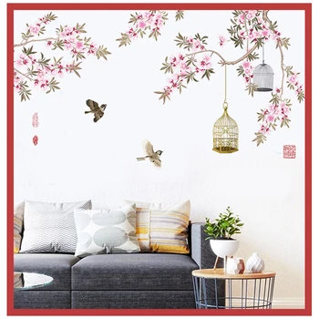 Veliki Kineski Stil Ružičasti Cvjetovi Kavez Naljepnice Za Zid Samoljepljive Home Dekor Zidne Naljepnice Slike Dnevni Boravak Desktop